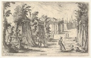 Kilátás egy turbános férfival és egy oroszlánnal jobbra, sátrak és klasszikus építészet..., 1680-1710.