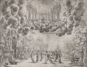 Színpadtervezés allegorikus figurákkal, a "Minden tökéletesség eszméje... Piacenz ..., kb. 1690. alkotó: Carlo Antonio Forti