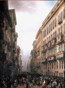 Karnevál a milánói utcában (olaj, vászon, 1847 körül) alkotó: Carlo Bossoli