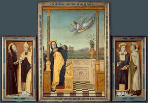 Annunciáció, Szent Benedek és Szent Ágoston, Szent István és Angelus (festmény fára)