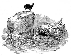 Carlo Chiostri (1863-1939), Collodi munkáinak egyik első olasz illusztrátora Pinokkió illusztrációja. A fából készült bábut elnyeli egy szörnyű cápa, annak ellenére, hogy a kék honorárium segítségével egy sziklán ülő kecske megjelenését öltötte