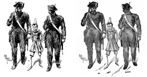 Pinokkió, Carlo Chiostri (1863-1939), Collodi (Carlo Lorenzini) munkáinak egyik első olasz illusztrátora. Két csendőr elviszi a fabábut. A bal oldali kép Chiostri eredeti rajza, a jobb oldalon a carri metszet