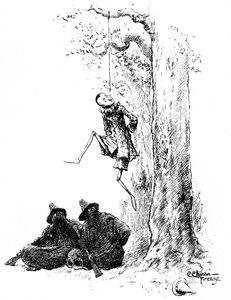 Pinokkió, Carlo Chiostri (1863-1939), Collodi (Carlo Lorenzini) munkáinak egyik első olasz illusztrátora. A fabábut két bandita (a macska és az álcázott róka) akasztja fel egy fára. Ez az eredeti Chiostri rajz összeállításra kerül