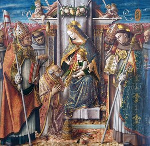 Német: Legyező Madonna a gyermekkel, a kulcsok átadása Szent Péter apostolnak, valamint Capistranus Szent János, Szent Emidius, Szent Ferenc, Toulouse-i Szent Lajos, Boldog Giacomo della Marca és egy püspök Legyező Madonna a gyermekkel, a kulcsok átadása S alkotó: Carlo Crivelli
