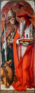 A camerinói székesegyház poliptichonja (Duomo di Camerino): Szent Jeromos és Szent Ágoston. Carlo Crivelli festménye (1430 / 35-1494 / 1500). Tempera fán alkotó: Carlo Crivelli