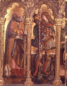 Szent Miklós és Szent Mihály, részlet a San Martino-i poliptichonról (tempera a táblán) (lásd: 76669) alkotó: Carlo Crivelli