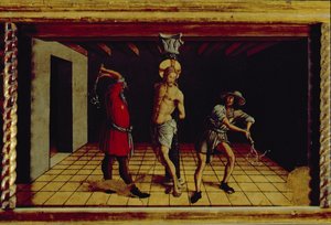 Krisztus megostorozása, jobb oldali középső predella a San Silvestro-poliptichonról, 1468 (tempera, tábla) (lásd 76657) alkotó: Carlo Crivelli