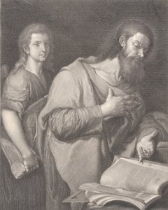 Szent Máté, jobb oldalon egy könyv előtt áll, kezével a mellkasán, egy másik ember..., 1750-84 alkotó: Carlo Faucci