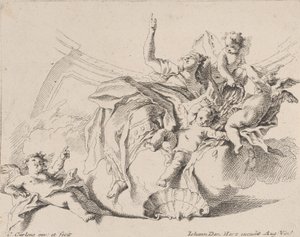 Gazdagság, amelyet egy felhőkön ülő, puttival körülvett nő képvisel, akik közül az egyik..., 1725-75.