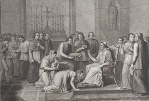 Egy nő letérdelve megcsókolja VII. Pius pápa lábát, mögötte balra tömeg, 1814-50