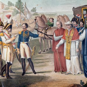 Pius (Pio) pápát (1742-1823) Olaszországba való visszatérésekor tartóztatta le az osztrák-nápolyi hadsereg Párma közelében 1814. március 25-én - Carlo Lasinio (1759-1838) metszet - Színes litográfia (VII. Pius pápa letartóztatása (1742-1823), miután vissza