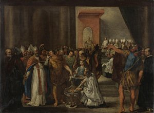 Konstantin császár ariánus könyveket éget, 1640-es évek alkotó: Carlo Magnone