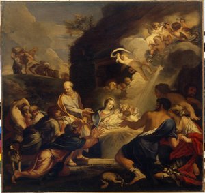 A gyermek Krisztus imádata. A Szent Család az újszülöttet a pásztoroknak ajándékozza a fény és az angyalok felhője alatt. Carlo Maratta (1625-1713) festménye, olaj, vászon. Talian művészet (Róma)
