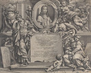 Előlap Raphael ovális portréjával, a Művészetek sup... három allegorikus alakjával, 1675.