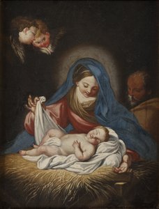 Születés – Születés, írta: Maratta (Maratti), Károly (1625-1713). Olajfestmény. Méretei: 28x21 cm. Stockholmi Nemzeti Múzeum