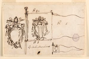 Rajz, Három vázlat XIV. Benedek pápa zászlajához, 1740-58 alkotó: Carlo Marchionni