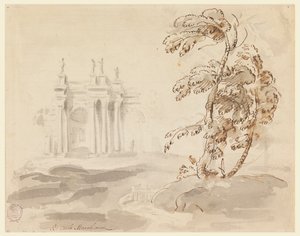Rajz, Fa tájképben épülettel, 1756-78 alkotó: Carlo Marchionni