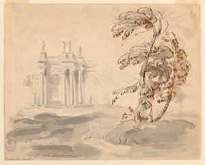 Rajz, Fa tájképben épülettel, 1756-78 alkotó: Carlo Marchionni