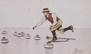 Követ dobó ember a curling játékban (színes litó) alkotó: Carlo Pellegrini