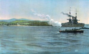 Sampson admirális zászlóshajója, az Egyesült Államok New York páncélcirkálója, lövés a spanyol lovasság parti őrségére, Cabanasnál, 1898. április 29.