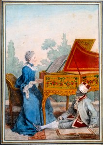 Saint Domingue-i Mademoiselle Desgots portréja csembalón és rabszolgájának, Laurentnek akvarell, Louis Carrogis Carmontelle