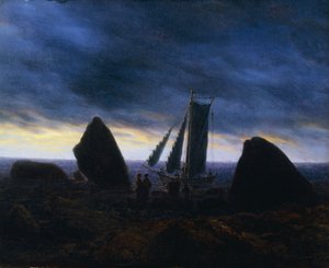 halászhajó, elhaladó alakok, egy tengerparton, a Balti-tenger mellett; Halászhajó sziklák között a balti-tengeri strandon, alkotó: Caspar David Friedrich