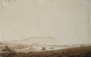Táj Csehországban, kilátással a Jeschken-hegyre, 1803 (toll- és tintamosás papíron) alkotó: Caspar David Friedrich