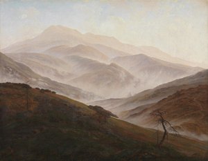 A Krkonoše-hegység tájképe emelkedő köddel alkotó: Caspar David Friedrich