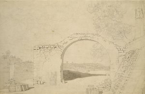 Folyói táj boltívvel (befejezetlen) (ceruza, toll és WC papíron) alkotó: Caspar David Friedrich