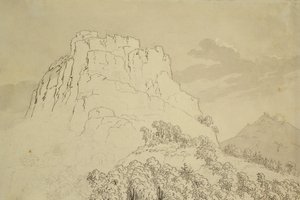 Sziklás dombtető, elöl erdős domb (ceruza, toll és wc mosás papíron) alkotó: Caspar David Friedrich