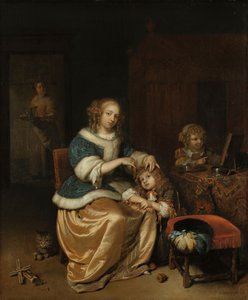 Belső tér a gyermeke haját fésülködő anyával, „Anyai gondoskodásként” ismert, 1669 alkotó: Caspar Netscher