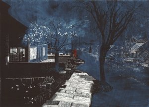 Zene hangja a külvárosban, 2012 (linómetszet és metszet) alkotó: Catherine Sutcliffe Fuller