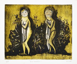 Éva és Éva, 2015 (mokulitolitográfia kézi színezéssel) alkotó: Cathie Pilkington