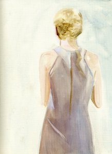 Rosemary Woodhouse ruhatára, 38. ruhadarab: Szürke színű, lenvászon, ujjatlan ruha racer hátrésszel és hátsó cipzárral (Castevets újévi partija), 2009 (olaj, papír).