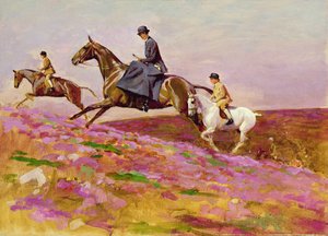 Lady Currie fiaival, Bill-lel és Hamish-val Hunting Exmooron (olaj, vászon) alkotó: Cecil Charles Windsor Aldin