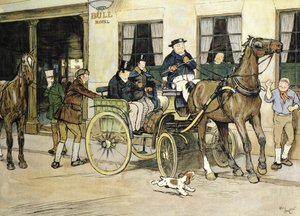 A Pickwickiek a rochesteri Bull Hotelből indulnak. alkotó: Cecil Charles Windsor Aldin