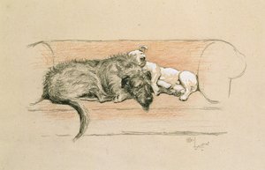 Farkaskutya és bullterrier alszik a kanapén (papíron pasztell) alkotó: Cecil Charles Windsor Aldin