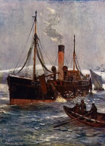 Egy izlandi gőzvonóhálós hajó, 1910 körül (színes litho)