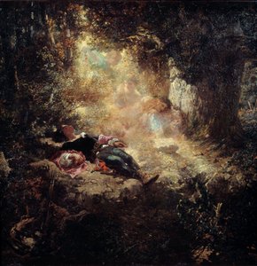 Egy napsugár Fiatalok alszanak a tisztáson. Celestin Nanteuil (1813-1873) festménye