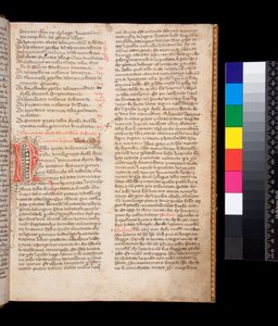 Ms 148. Nagy Gergely, Dialogi olasz fordításban. Írta: Domenico Cavalca, f.2r Díszített [N] betű piros tintával, tollvirágzás barna tintával alkotó: Central Italian School