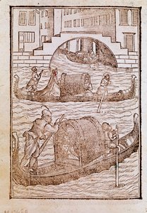 Gondolák a velencei lagúnában a 15. században Cesare Vecellio (1521-1601) metszet "" Régi és modern ruhákról "" 1590 Velence Biblioteca Marciana alkotó: Cesare (after) Vecellio