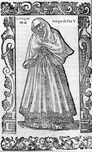 Reneszánsz: udvarhölgy V. Piusz pápa (1566-1572) idejében. Cesare Vecellio „Modern és régi jelmezek” című metszete alkotó: Cesare (attr. to) Vecellio
