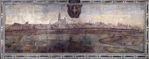 Bécs városának látképe, Ausztria. A Habsburg Birodalom városainak látképe. A firenzei Palazzo Vecchio Michelozzo-udvar freskója. Sebastiano Veronese Giovanni Lombardi, Cesare Baglioni és Turino da Piamonte festménye, 1565 körül. Méret: 15 cm: alkotó: Cesare Baglioni