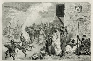 Egy fiatal fiú diadalmasan viseli magát a körülmetélési szertartás visszatérésekor, a tömeg közepén, amely fegyverlövéseket lő a levegőbe, miközben sikoltozik és ismét jól érzi magát, C. Biseo metszetével illusztrálja Edmondo de Amicis Le Maroc című történ