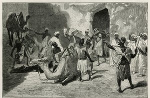 Tevékrakodás a történet írójának, Atangernek a karavánjáról, Biseo metszetével Edmondo de Amicis Le Maroc című történetének illusztrálására 1875-ben, amelyet a tour du monde-ban tettek közzé Edouard Charton vezényletével.
