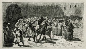 tolvaj beszéde, öszvérre mászik, botokat kap a tömeg színe alatt, C.Biseo metszet, Edmondo de Amicis Le Maroc című történetének illusztrálására, 1875-ben, a tour du monde-ban, a Edouard Charton irányításával