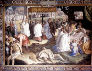 Milánó pestisjárványa: Borromeo Szent Károly (1538-1584) a haldoklókat kommunikálja. Carlo Nebbia freskója a paviai Borromeo College-ban. 16. század