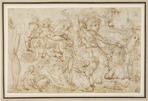 Ábratanulmányok lapja, c. 1600 (tinta és mosás, ceruza, kréta fektetett papíron) alkotó: Cesare Pollini
