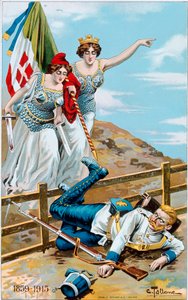 Első világháború: Németországot a határon túl üldöző Olaszország és Franciaország allegóriáját ábrázoló plakát. Illusztráció: Cesare Tallone (1853-1919) Magángyűjtemény alkotó: Cesare Tallone