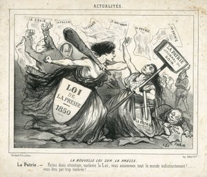 Cham (1819-1879) illusztrációja a Le Charivari-ban, 1850 körül-4-3 - Az új sajtótörvény - Cenzúra, Sajtó/Média, Törvény - Proudhon Pierre-Joseph (1809-1965), Girardin Emile de (1806-1881) - Allegorie